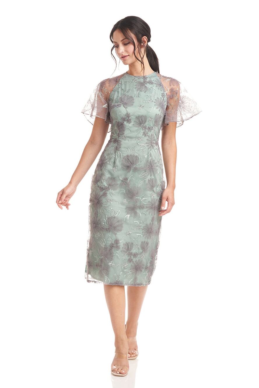 JS Collections Remy Sage Embroidered Flutter Sleeve Sheath Cocktail Midi Dress 6